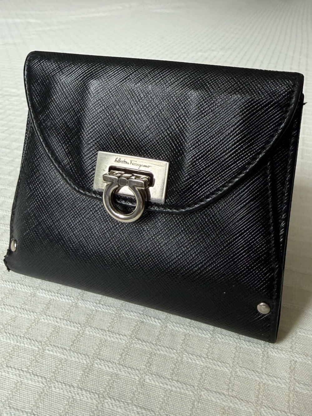 Ferragamo Gancini Saffiano Leather Wallet Black Bifold Snap - Italy - Authentic
